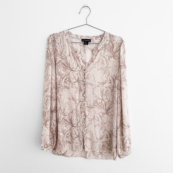 Cynthia Rowley Blouse Pink Tan Floral Split Neck Long Sleeves - Picture 1 of 6